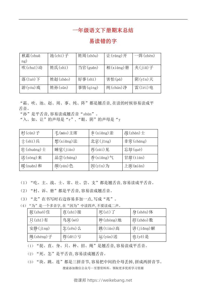 一年级语文下册期末总结—易读（写）错的字-微课邦