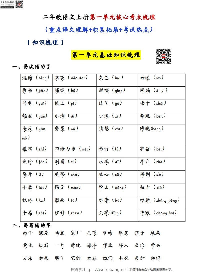 二年级语文上册第一单元核心考点梳理（重点课文理解积累拓展考试热点）-微课邦