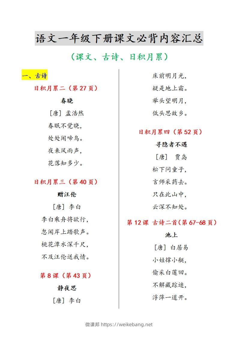 《课内背诵内容》课文、古诗、日积月累-微课邦