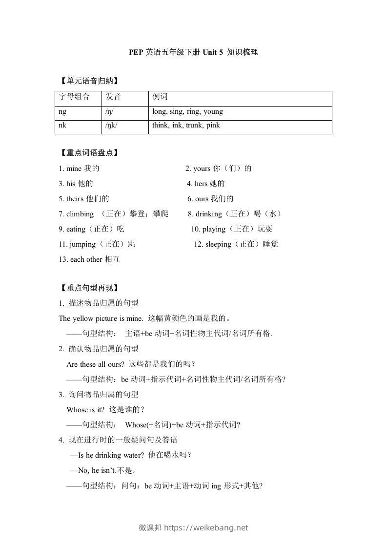 五年级英语下册单元知识梳理-Unit5Whosedogisit（人教PEP版）-微课邦