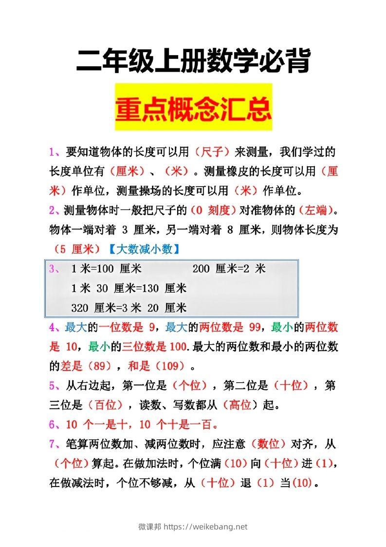 二年级数学上册重点概念汇总-微课邦