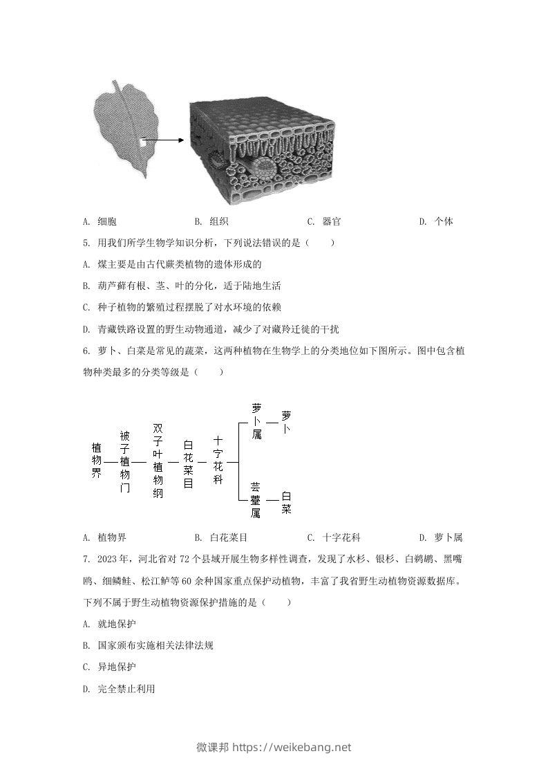 图片[2]-2024年河北邢台中考生物试题及答案(Word版)-微课邦