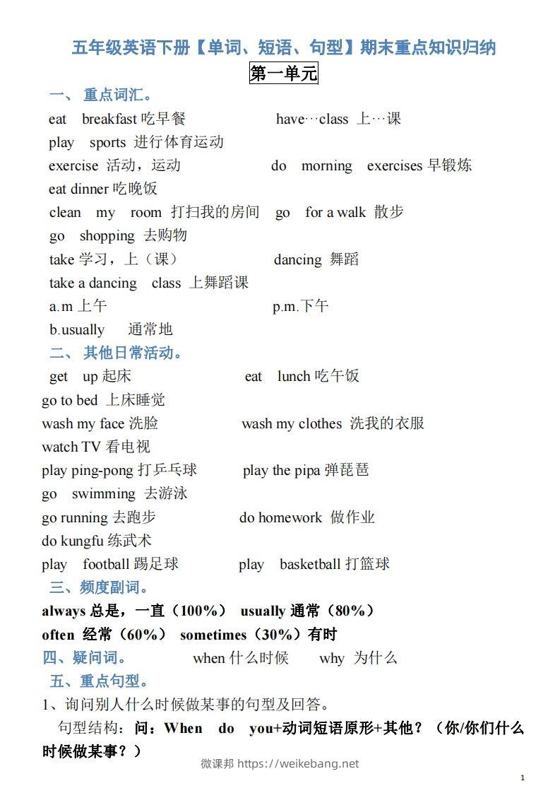 五年级英语下册素材-单词、短语、句型期末重点知识归纳（人教PEP版）-微课邦