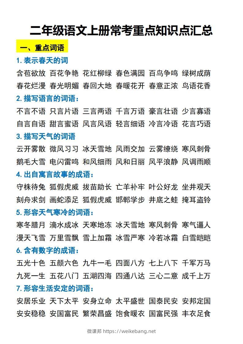 二年级语文上册常考重点知识点汇总必背-微课邦