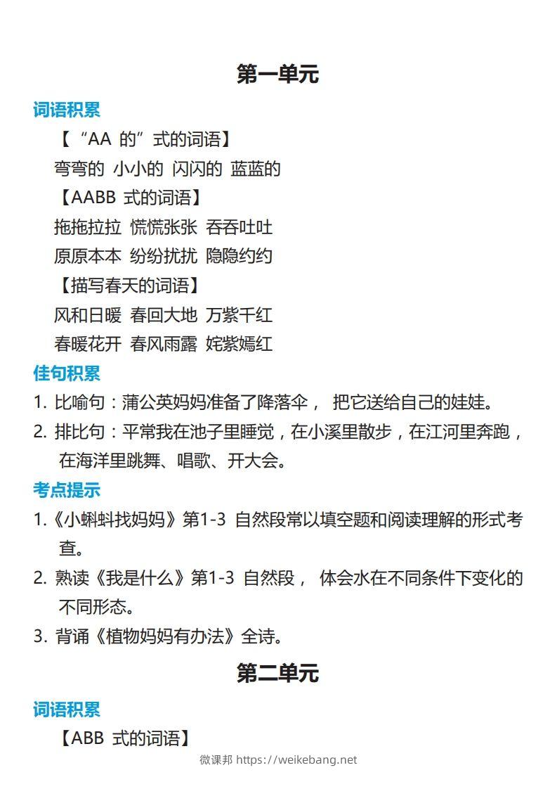 二年级语文上册词语归类积累课文佳句汇总-微课邦