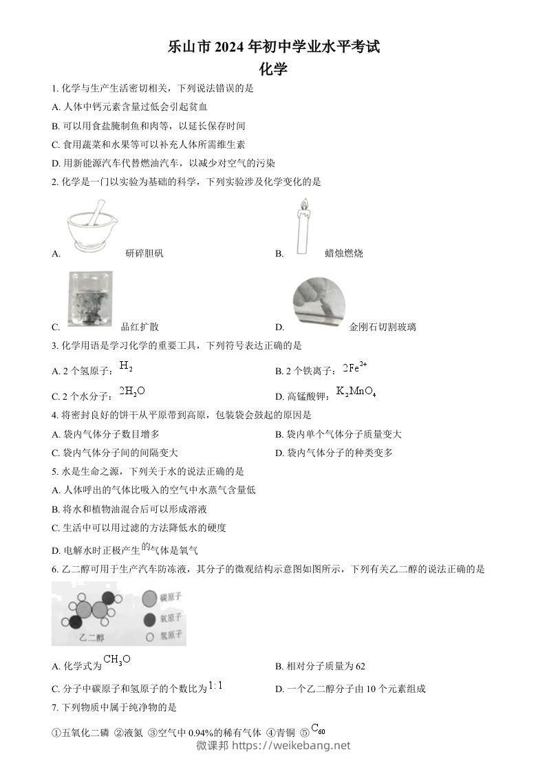 2024年四川省乐山市中考化学真题（空白卷）-微课邦