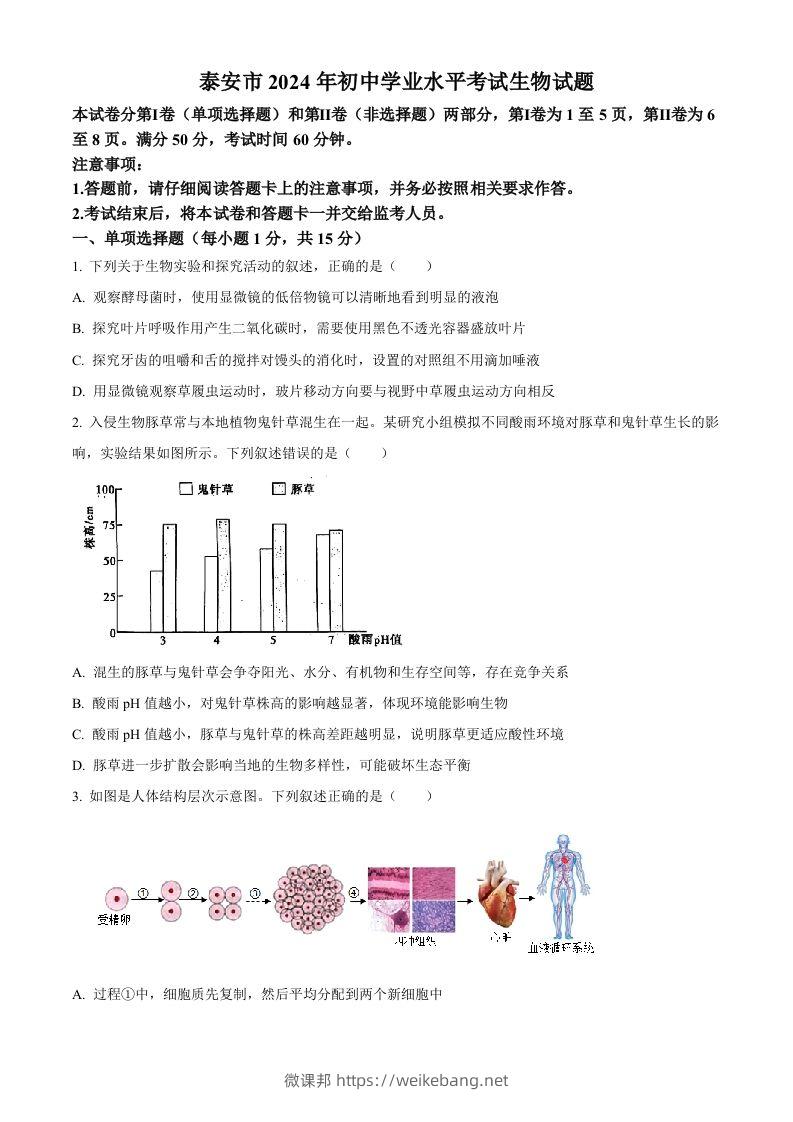 2024年山东省泰安市中考生物真题（空白卷）-微课邦