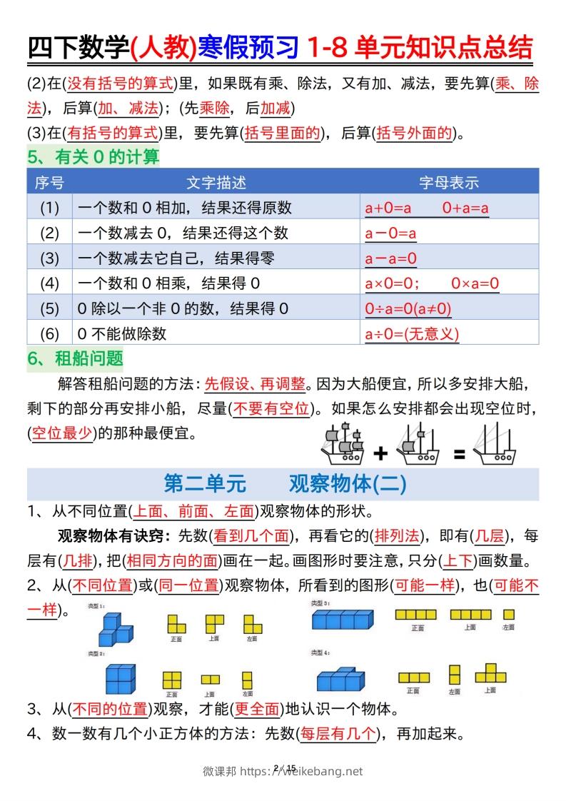 图片[2]-四下数学(人教)寒假预习1-8单元知识点总结（14页）-微课邦