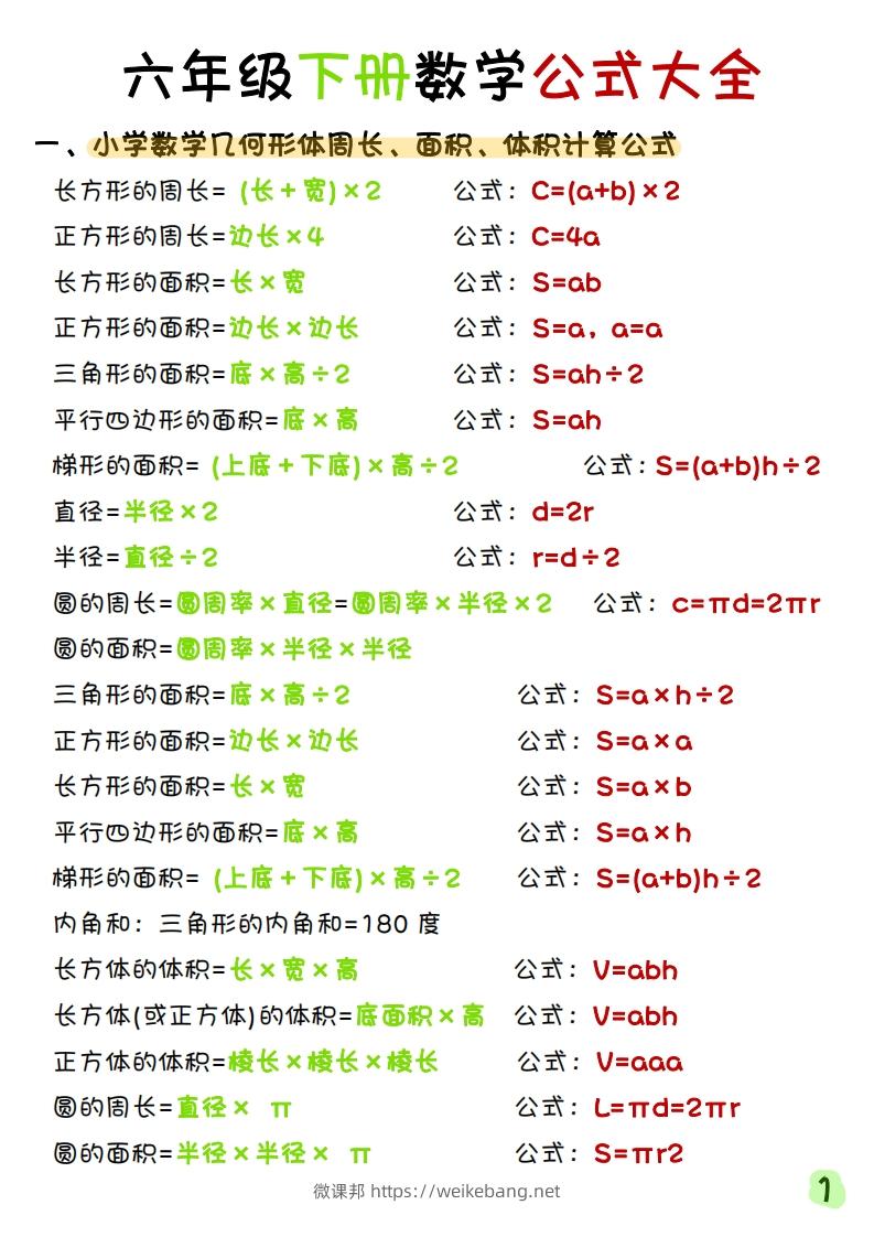 《六年级下册数学寒假预习必背重点公式》六下数学(1)-微课邦